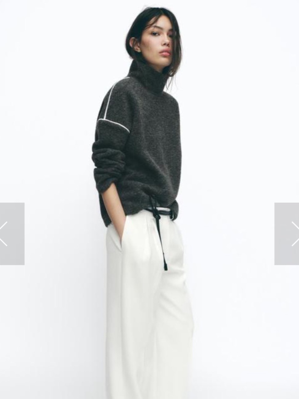 ZARA Contrast Piping Turtleneck Wool Blend Sweater Gray Size M Oversized
